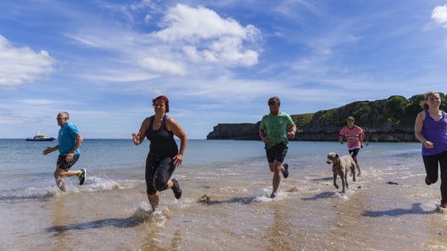 A group of adults and dogs run on the sandy shoreline in the sunshine